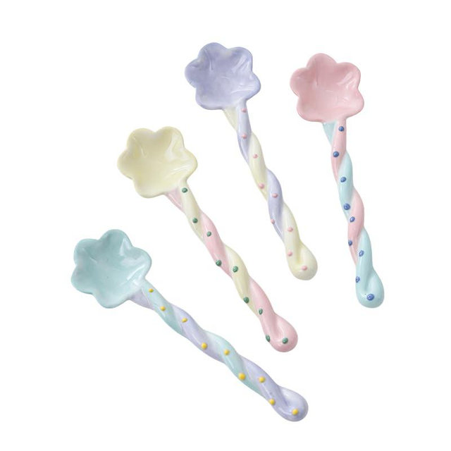 4-Pack - Ceramic Vintage Afternoon Tea, Coffee Whisk, Floral embossed beaded dessert spoon，Handmade Spoon, Long-Handle Coffee Scoop, tea scoop for loose tea, Size 5.9 * 1.5in(15 * 4cm)