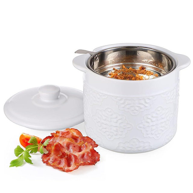 BSTKEY Ceramic Bacon Grease Container with Fine Mesh Strainer and Lid, 41OZ Large Capacity Farmhouse Bacon Grease Keeper, Bacon Fat Separator Cooking Oil Can for Grease Drippings and Storage, White