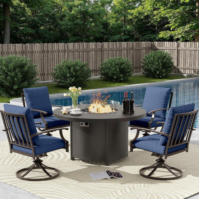 Trumbeak 5 Piece Metal Outdoor Patio Furniture Set with 48"/55000 BTU Round Fire Pit Table,Outdoor Dining Table Set 4 Swivel Chairs No-Slip Cushions and Waterproof Covers,Navy