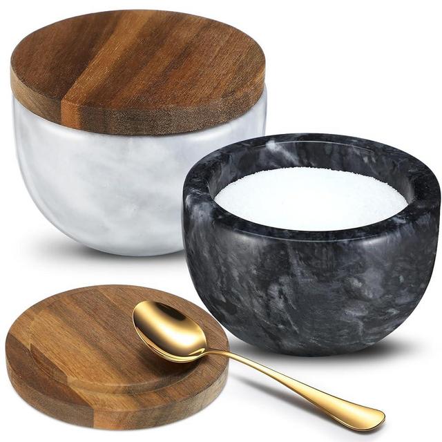 Maxdot 2 Pcs Marble Salt and Pepper Bowls with Wood Lid Marble Salt Cellar Box Black and White Spice Bowls Seasonings Keeper Pepper Container with Scoop Large Capacity Gifts for Kitchen