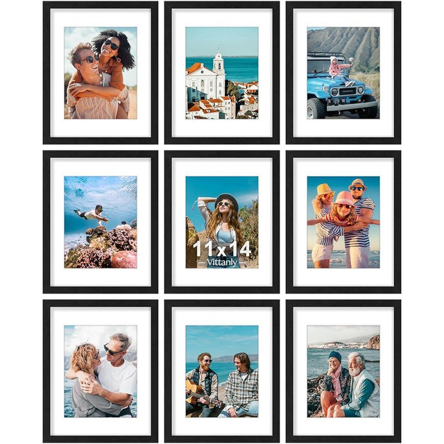 Vittanly 11x14 Picture Frames Set of 9, Shatter Resistant Plexiglass, Display 8x10 Pictures with Mat or 11x14 without Mat, Photo Frames for Wall or Tabletop, Engineered Wood, Black