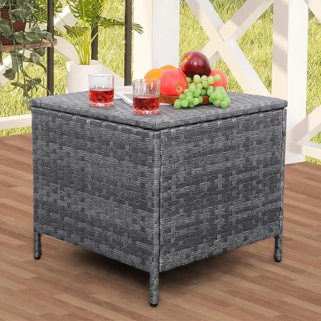 Lviden Outdoor Wicker Storage Side Table, Patio Grey PE Rattan End Table with Storage, Square Container for Furniture Covers, Toys, and Gardening Tools