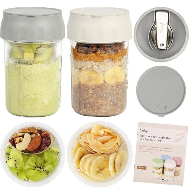 SOLIGT Overnight Oats Containers with Lids, Folding Spoons and Divided Compartment for Fruit & Nuts, Small Glass 16oz Mason Jars for Oatmeal Yogurt Parfait (2 Set-Smoke Gray/Oat White)