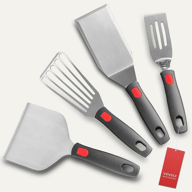 Stainless Steel Spatula Set with Heat Resistant Silicone Handle, VOVOLY Metal Spatulas For Kitchen Use, Thickened Smash Burger Spatula, Mini Brownie Spatula, Fish Spatula, Grill Scraper Spatula