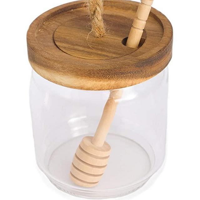 Honey Jar Pot Glass Holder Dispenser with Wooden Dipper and Acacia Lid Cover for Home Kitchen, Clear, 14 Ounces, Honey Syrup Glass Container for Storage