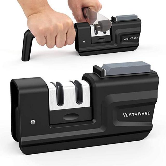 Kitchen Knife Sharpener, Vestaware 2-in-1 Kitchen Gadgets Knife Sharpening Tool, Professional Manual Knife Sharpener Attaching Sharpener Stone, Make Your Knife Faster and Cooking Easier (Black)