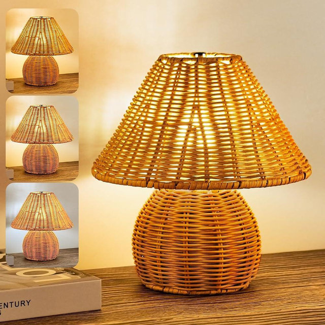 WERFOP Bamboo Table Lamp Handmade Boho Rattan Beside Lamp,3 Colors Adjustable Vintage Wicker Wooden Nightstand Lamp with E26 Bulb for Bedroom Living Room Desk Entrance