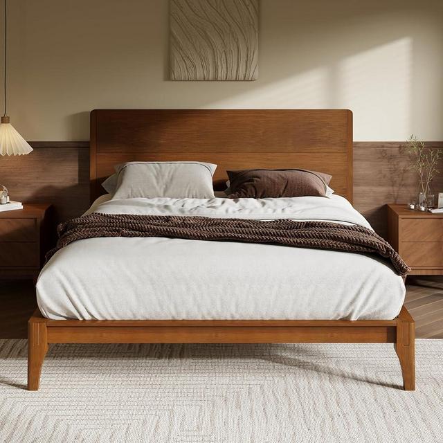 Merax King Size Bamboo Platform Bed, Mid-Century Modern Bed Frame with Tall Headboard, Wood Slat Support, No Box Spring Needed, Easy Tool-Free Assembly, Brown