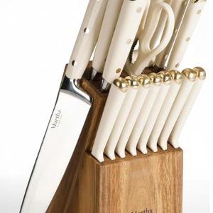 Martha Stewart 16 Piece Lockton High Carbon Stainless Steel Cutlery Kitchen Knife Block Set W/ABS Tripe Riveted Forged Handle Acacia Wood Block - Linen White W/Gold