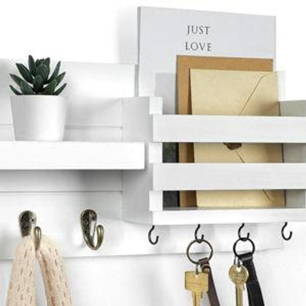 Mail Organizer for Wall Mount – Key Holder with Shelf Includes Letter Holder and Hooks for Coats, Dog Leashes – Rustic Wood with Flush Mounting Hardware (16.5” x 8.7” x 3.5”)