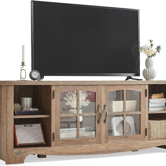 LINSY HOME Farmhouse TV Stand for 65 Inch TV, Wood Entertainment Center with Glass Door Storage Cabinet & Adjustable Shelves, Large Sturdy TV Console Table for Living Room Bedroom