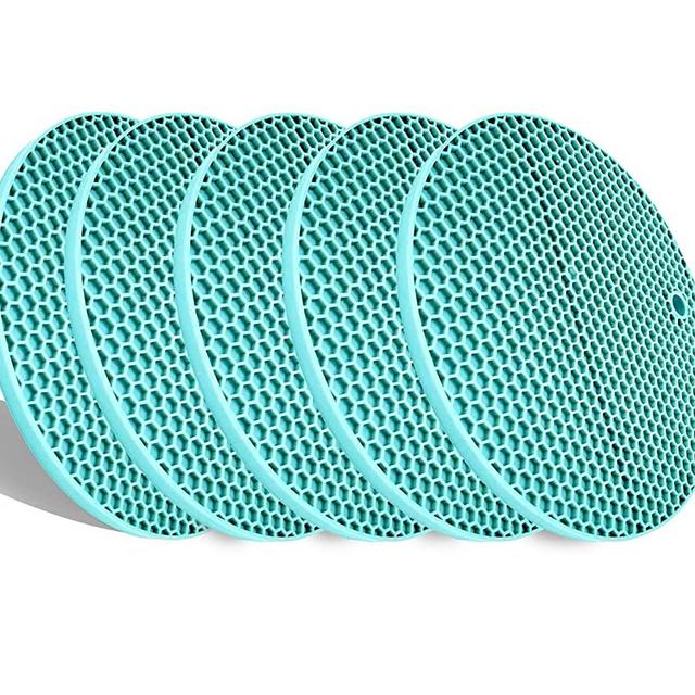 5 Pcs Round Silicone Trivets Pot Holder Mats,Extra Thick Heat Resistant Kitchen Countertop Mats,Honeycomb Rubber Hot Pads Trivets for Hot Dishes,Flexible Jar Opener Multi-Purpose Coasters Teal