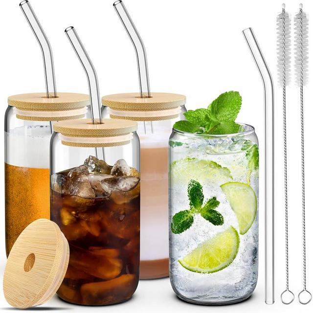 4 Set Glass Cups with Bamboo Lids and Straws 16 oz, Glasses Drinking Set, Iced Coffee Cup, Drinking Glasses Tumbler with Straw & Lid, 2 Brushes, Glass Can Coffee Cups, Glassware for Hot & Cold Drinks