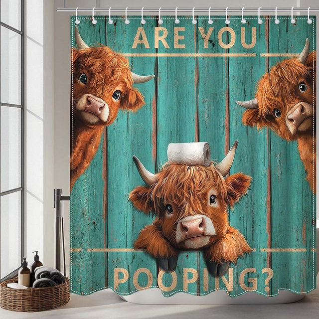 Mocsicka Vintage Funny Highland Cow Shower Curtain with 12 Hooks, Retro Farmhouse Green Plank Door Bath Curtain for Farmhouse Highland Cow Bathroom Decor Waterproof Fabric, 72 X 72 Inch