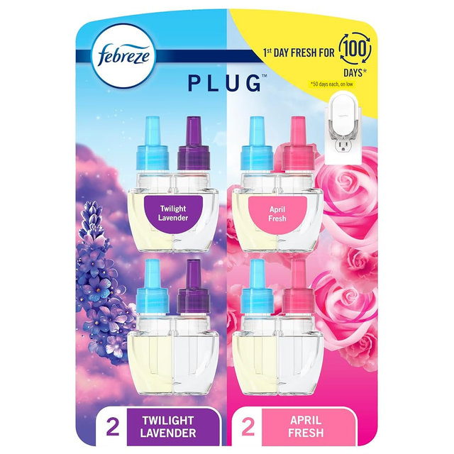 Febreze Plug In Air Freshener, Odor-Fighting Scented Oil Refill, Twlight Lavender and Downy April Fresh Scents, 4 Refills