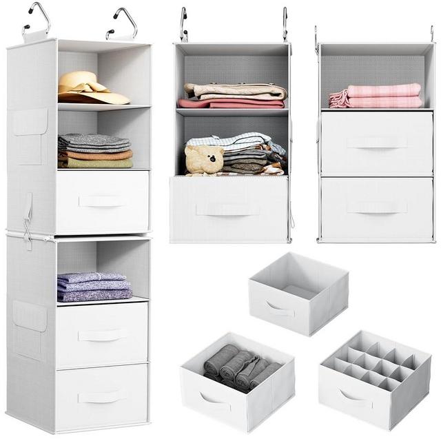 Pipishell 6-Shelf Hanging Closet Organizer, Closet Hanging Shelves with 2 Separable 3-Tier Shelves, Closet Storage Organizer with 3 Removable Drawers for Bedroom, Dorm Room, Camper and Nursery (White)