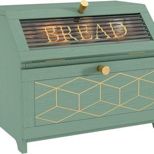 Double Layer Bread Box With Golden Trim for Countertop, Wooden Bread Container for Kitchen Counter, Corner Bread Storage (Green)