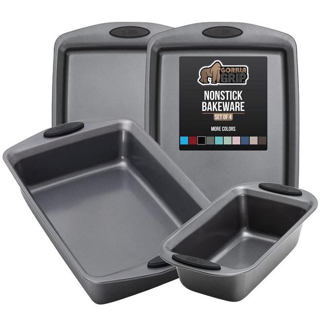 Gorilla Grip Bakeware Sets, Nonstick, Heavy Duty Carbon Steel, 4 Piece Kitchen Baking Set with Silicone Handles, 2 Large Size Cookie Sheets, 1 Medium Sized Oven Roaster Pan and 1 Loaf Pan, Black