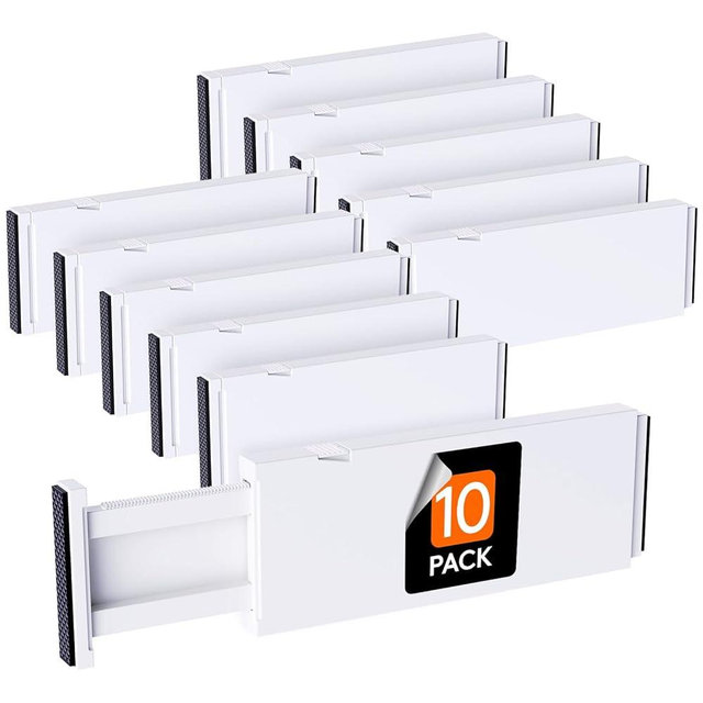 Lifewit 10 Pack Drawer Dividers Plastic 4" High, 11-17" Adjustable Drawer Organizers for Clothes, Expandable Dresser Separators in Bedroom/Bathroom/Kitchen/Office Organization and Storage, White