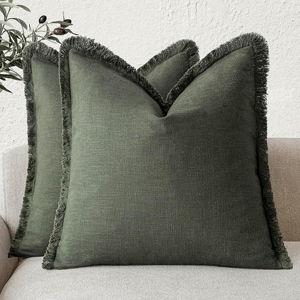 Foindtower Set of 2 Decorative Linen Fringe Throw Pillow Covers Cozy Farmhouse Cushion Cover with Tassels Accent Pillowcase for Couch Chair Sofa Bed Living Room Home Decor,20×20 Inch,Dark Olive Green