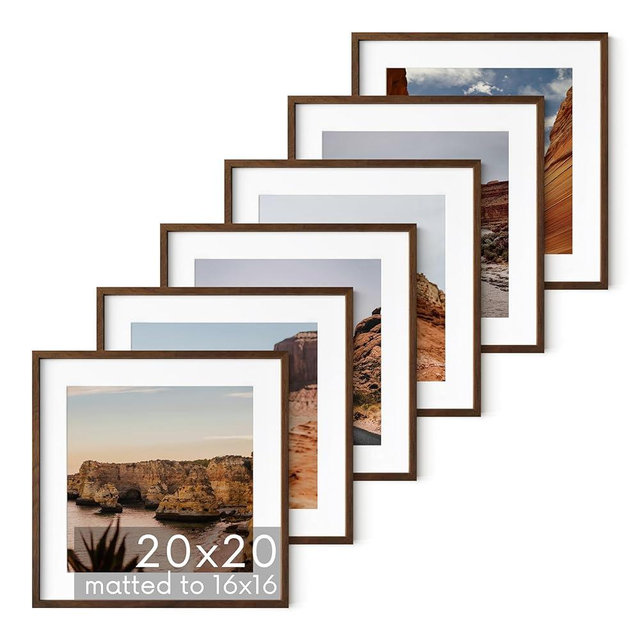 HAUS AND HUES Walnut Oak Wood 20x20 Picture Frames - Set of 6, Square Frames with Mat, Elegant Frames for Posters and Artwork (20x20 in, Walnut, Set of 6)