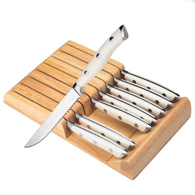 Alata 8-Piece White Steak Knives Set with Block, Stainless Steel Steak Knife set with Serrated Edge, Razor-Sharp, Full-Tang Construction
