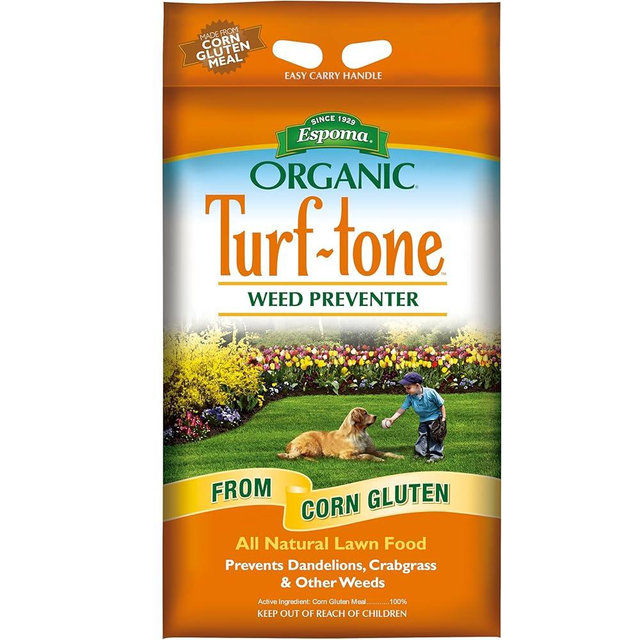 Espoma Organic Turf-Tone Weed Preventer Plus Lawn Food from 100% Corn Gluten Meal. Helps Prevent Weed Seed Establishment and Provides Organic nitrogen that Keeps lawns a deep Green Color. 25 lb. Bag