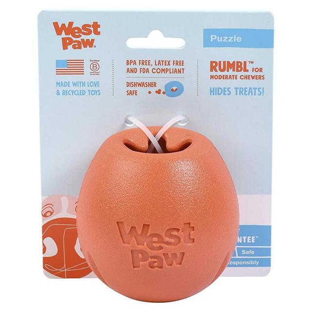 WEST PAW Zogoflex Rumbl Treat-Dispensing Dog Toy – Interactive Slow-Feeder Chew Toys for Dogs – Dog Enrichment Toy – Dog Toy for Moderate Chewers, Fetch, Catch – Holds Kibble, Treats (Melon, Small)