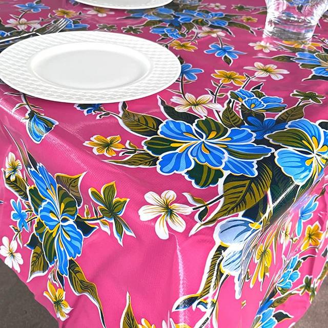 The Fern Trail Mexican Oilcloth Tablecloth | Outdoor Tablecloth | Oil Cloth | Waterproof Mat | Picnic Mat | Mexican Vinyl Tablecloth (Pink, Hibiscus, Rectangle)