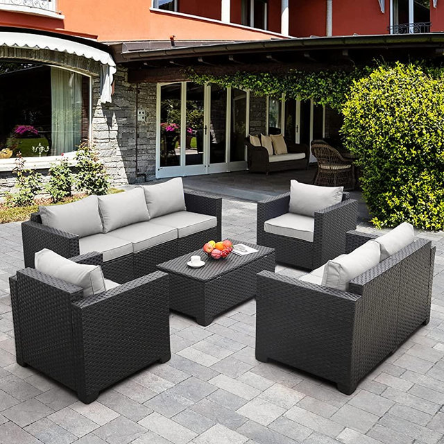 Rattaner 5-Piece Patio Furniture Sofa Set Outdoor Wicker Sectional Couch with Storage Table No-Slip Cushions Furniture Covers, Grey