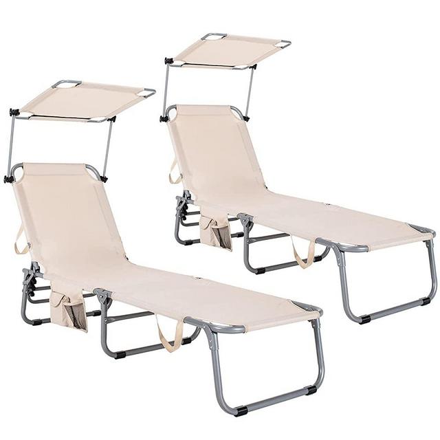 Goplus Tanning Chair, Foldable Beach Lounge Chair with 360°Canopy Sun Shade, Side Pocket, 5-Position Adjustable, Outdoor Beach Chaise Recliner for Patio Pool Yard Lawn (2, Beige)
