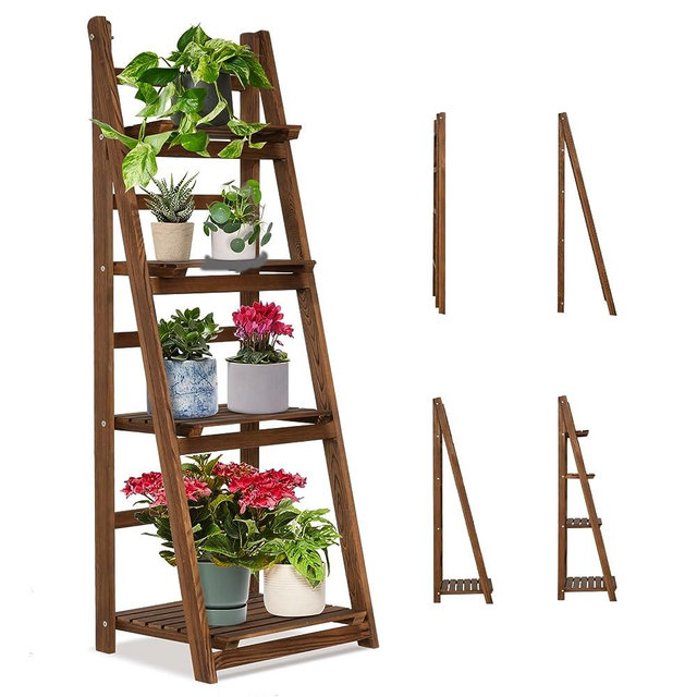Idzo Solid Pine Wood Stand Vintage Rustic Plant Shelves Beautify Bedroom, Entryway, Balcony Convenient Foldable Ladder Shelf, High-Temperature Decarbonization, Easy to Clean, Brown