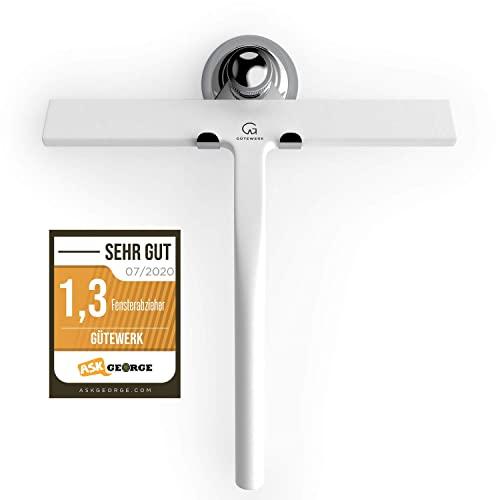 GÜTEWERK Shower Squeegee White 9 in - incl. Chrome Suction Cup Hook - Stainless-Steel core - Silicone Rubber squeegees for Bathroom Cleaning Window Screen Bath Wiper Cleaner Glass Door Blade Showers