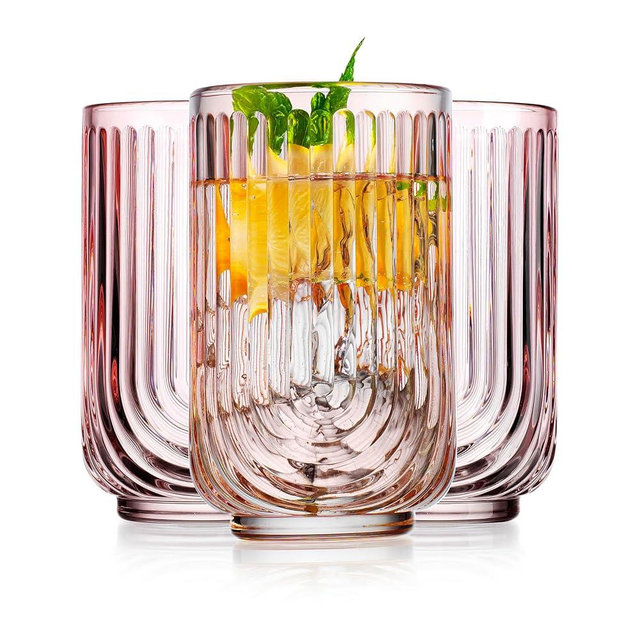 Glaver's Vintage Glassware Art Deco Highball Glasses Set of 4 Blush Ribbed Drinking Glasses 17 Oz U-Shape Arch Design Colored Cocktail Kitchen Tumblers Everyday Dinner Decorative Party, Pink