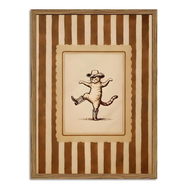 Funny Western Cowboy Cat Wall Art Whimsical Dancing Cat Decor Picture Vintage Southwest Striped Wild West Kitty Animal Canvas Poster Print Painting for Living Room Bedroom 12x16 inch Wood Framed