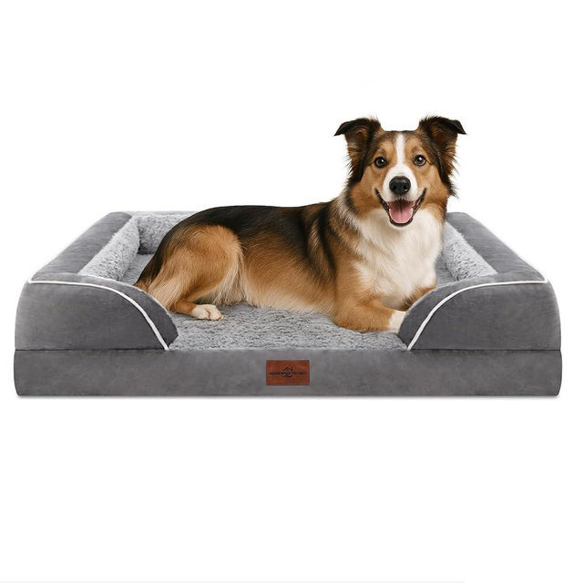 Comfort Expression Orthopedic Dog Bed for Large Dogs 38x25 Inch, Waterproof Supportive Egg Crate Foam Large Pet Bed with Removable Bolsters, Dog Couch with Washable Cover & Non-Slip Bottom, Grey