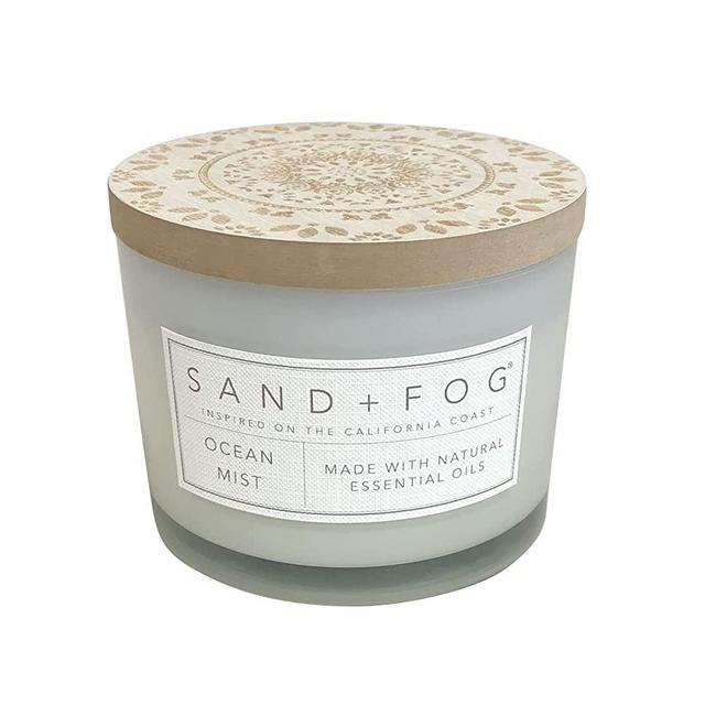 Sand + Fog Ocean Mist Scented Candles | Additional scents & Sizes | Made with Essential Oils | 12 oz | Wood lid Carved with Mandala