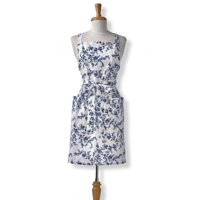 TAG Cottage Vine Blule Floral Print Bib Cotton Apron, Neck and Waist Ties and 2 Pockets, One Size Fits Most, Machine Wash, Blue