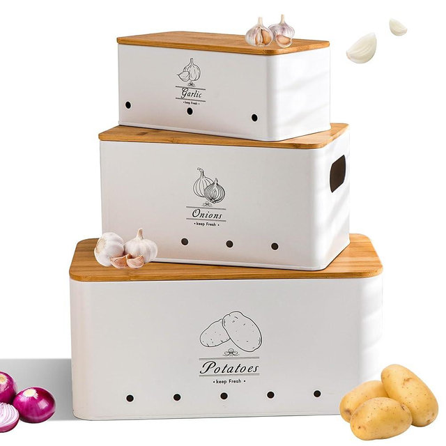 Tenforie Metal Potato Onion and Garlic Storage Tin Set of 3, White Kitchen Vegetable Canisters with Bamboo Lid and Aerating Holes, Stackable Kitchen Keeper Storage for Countertop Pantry