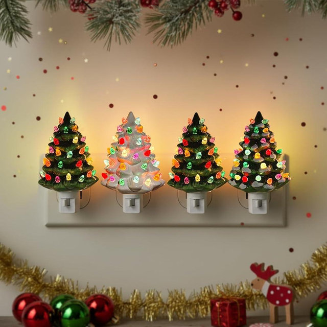 Uenough Christmas Ceramic Tree Night Light 4 Pack - 6" H Tabletop Holiday Nostalgic Decorative Lights with ON/Off Switch, Vintage Night Light for Gift Bedroom Bathroom Living Room Porch Holiday Decor