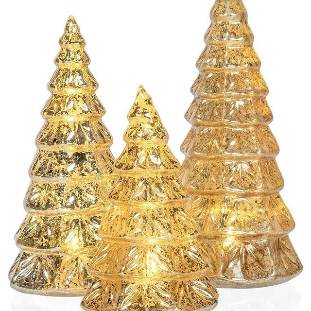 Red Co. 9”, 7.5”, 6” Light-Up Glass Christmas Tree Tabletop Display Figurine Set of 3 Sizes, Mercury Gold