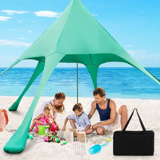 Tangkula 20 x 20 FT Beach Tent Beach Canopy w/ UPF50+ Sun Protection Carrying Bag & Sand Shovel Aluminum Pole & 6 Ground Stakes Green