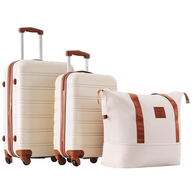 Merax Luggage Sets 2 Piece Expandable Hardside Luggage with Travel Bag Suitcase Set with Spinner Wheels(20+24+bag,Brown+White-1)