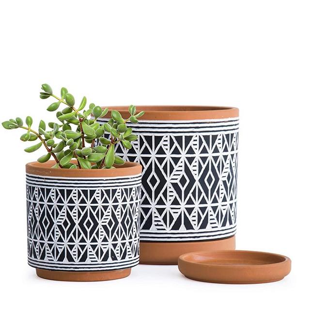 Set of 2, Diamond Pattern Planter Pot, 4.5 Inch and 6.4 Inch, Pot with Drainage Hole and Saucer, Terracotta/Black