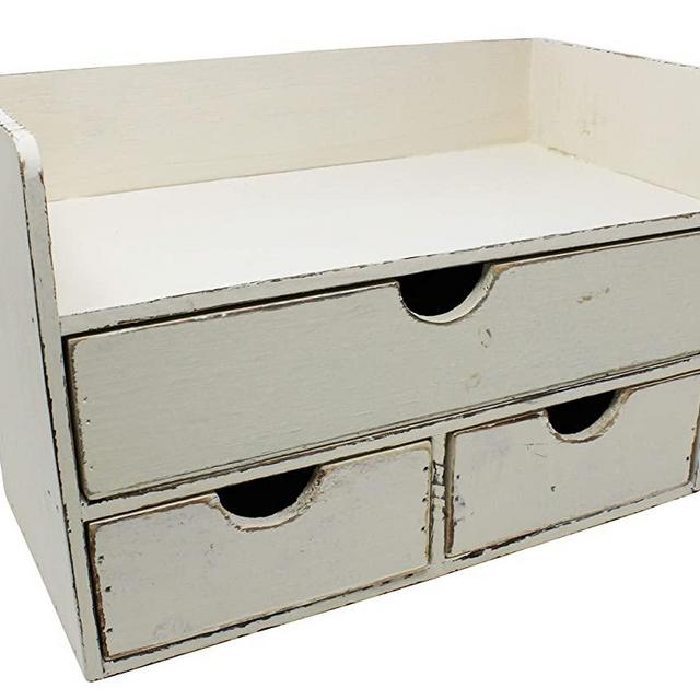 Vintage Rustic Wooden Office Desk Organizer & Mail Rack for Desktop, Tabletop, or Counter - Distressed Torched Wood - for Office Supplies, Desk Accessories, or Mail - White