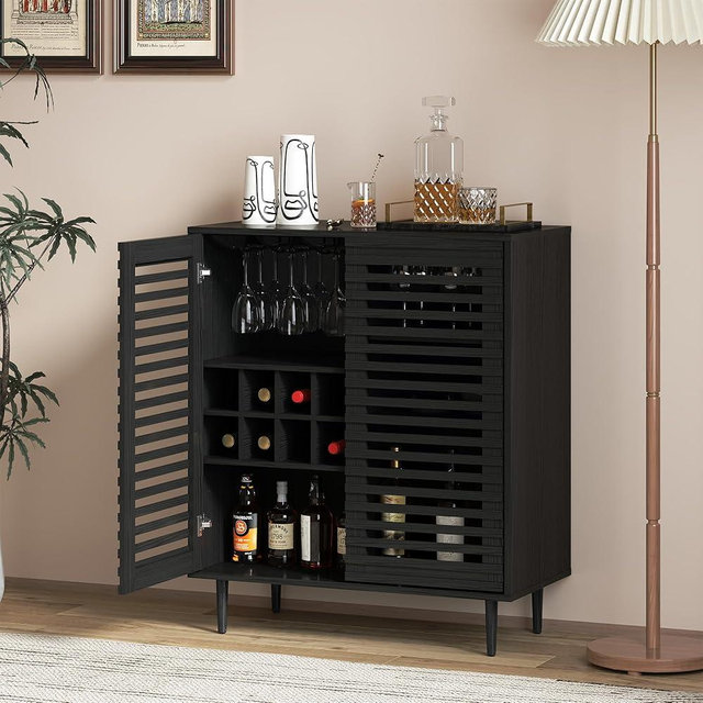 ZOSQUARE Mid Century Bar Cabinet with Wine Racks, Modern Liquor Cabinet with Slatted Doors for Dining Room, Living Room (Black)