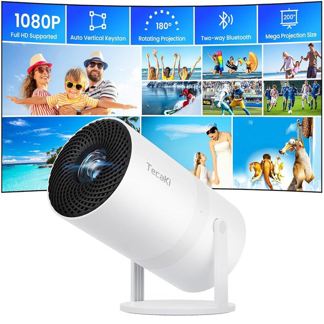 [Two-Way Bluetooth 5.2] Tecaki Mini Projector 1080P FHD Multi-Angle Projection, Portable Projector with 180°Rotatable Auto Keystone Correction Long Lens Life Suit for Home Theater, Outdoor, Smartphone