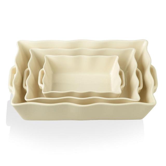 Sweejar Casserole Dishes for Oven, Ceramic Bakeware Set of 3, Rectangular Baking dish with Handles, Wave Edge Lasagna Pan Deep for Cooking, Cake, Dinner, Banquet and Daily Use (Beige)