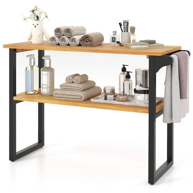 Costway 2-Tier Bathroom Shelf w/Towel Rack Solid Teak Wood Freestanding Storage Shelves