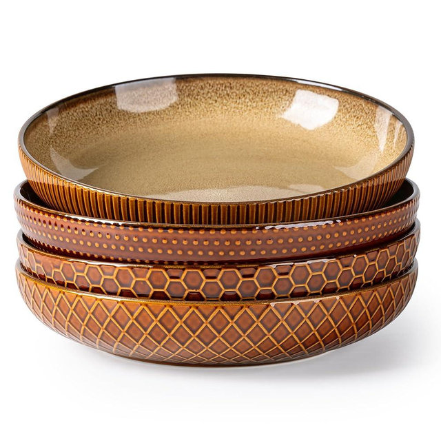 GBHOME 8.5'' Large Pasta Bowls, 36 Ounce Stoneware Salad Bowls for Kitchen, Ceramic Serving Bowls With Textured Pattern for Pasta,Fruit, Stews,Noodle, House-warming Gift, Set of 4-Caramel
